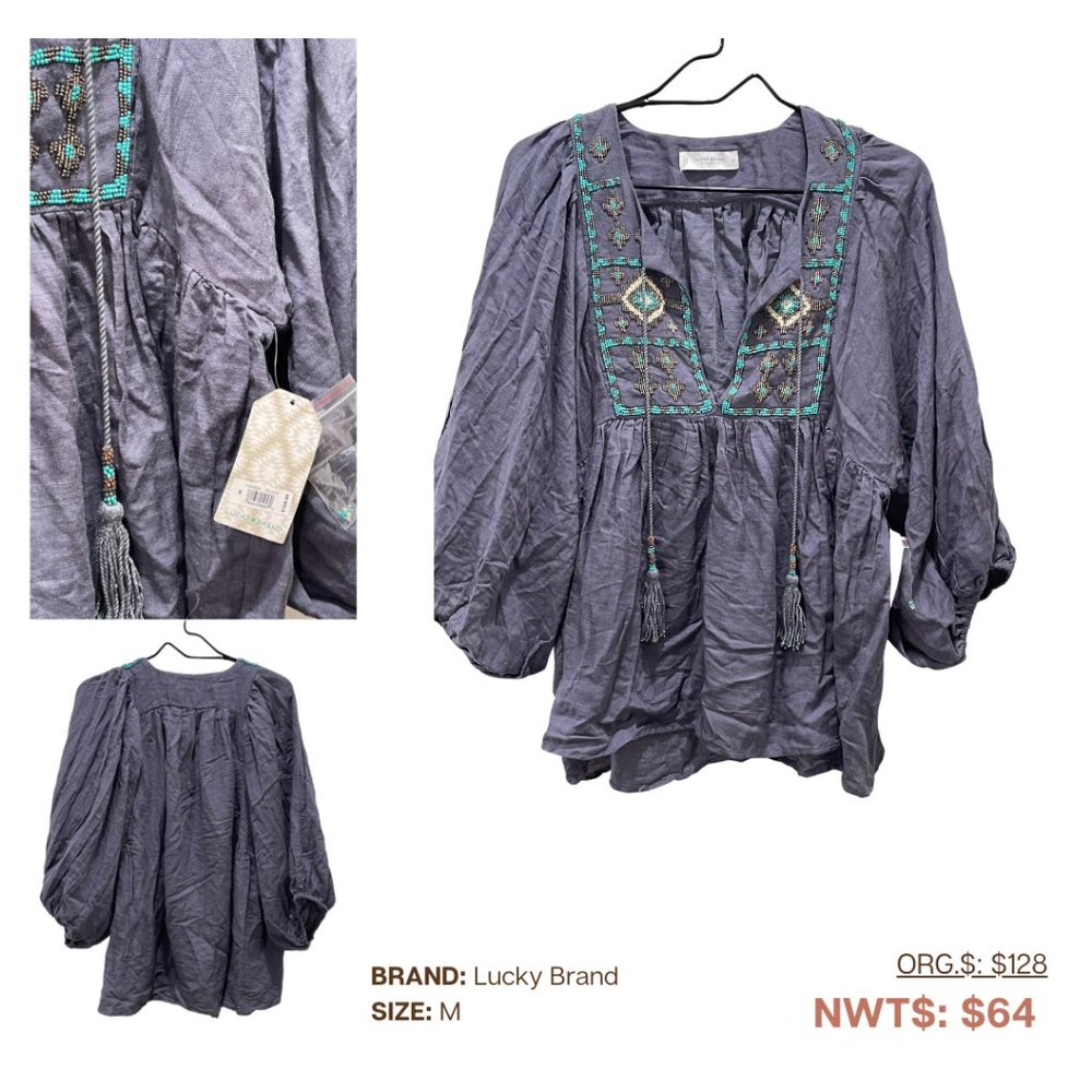 Lucky Brand, Blue Beaded Peasant Blouse, M, NWT